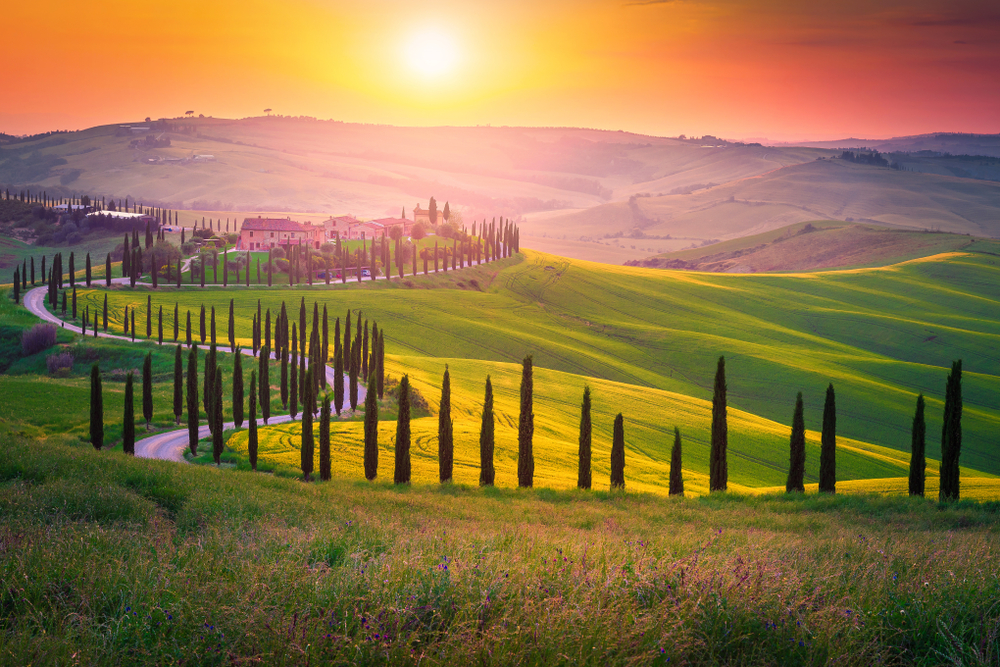 Well,Known,Tuscany,Landscape,With,Grain,Fields,,Cypress,Trees,And