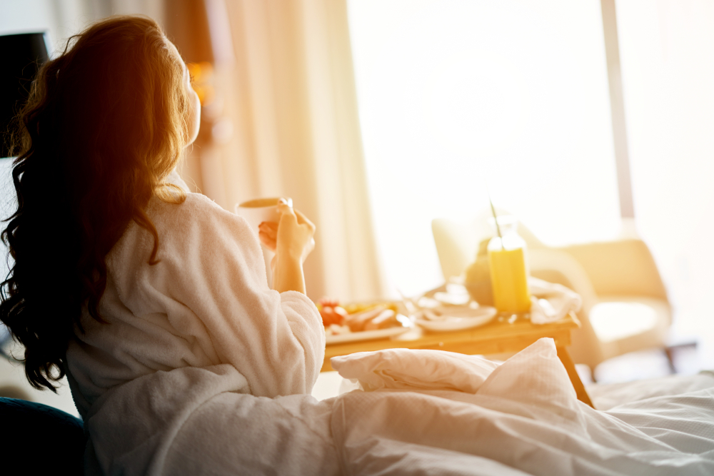 Breakfast,In,Bed,,Cozy,Hotel,Room.,Concept