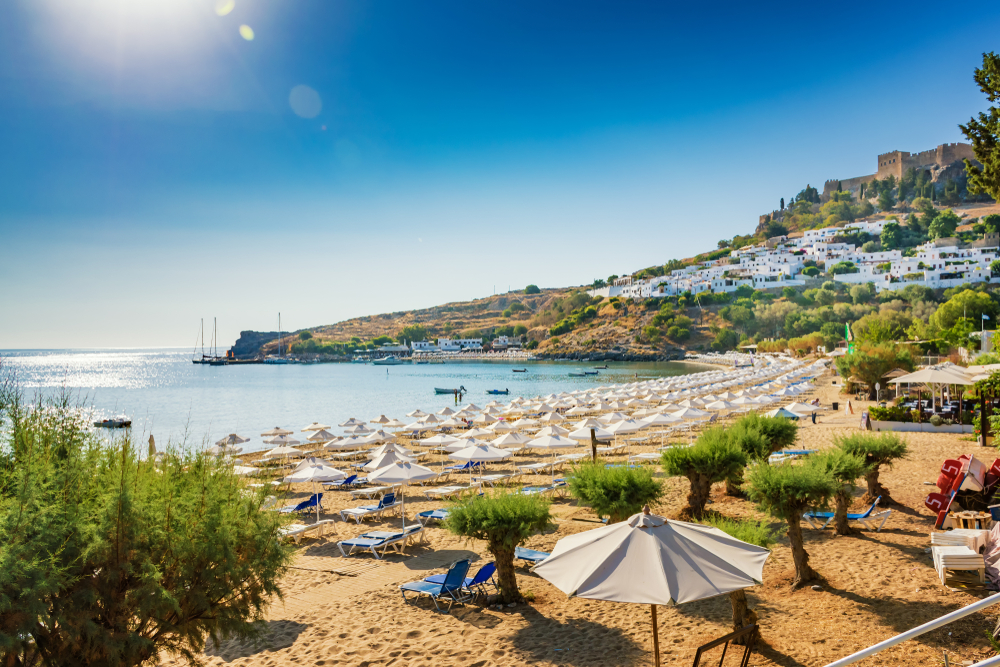 View,Of,Sandy,Beach,In,Bay,Of,Lindos,,Acropolis,In