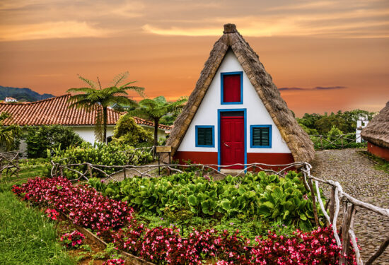 Traditional,Rural,House,In,Santana,Madeira,,Portugal.,Sunset,View