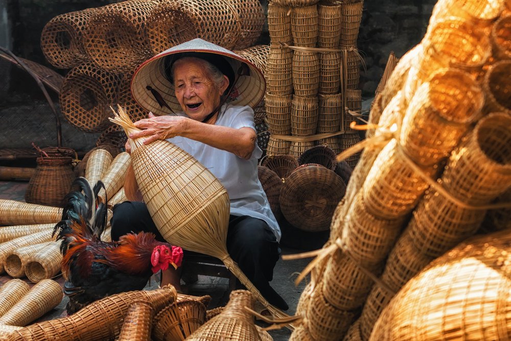 Old,Vietnamese,Female,Craftsman,Making,The,Traditional,Bamboo,Fish,Trap