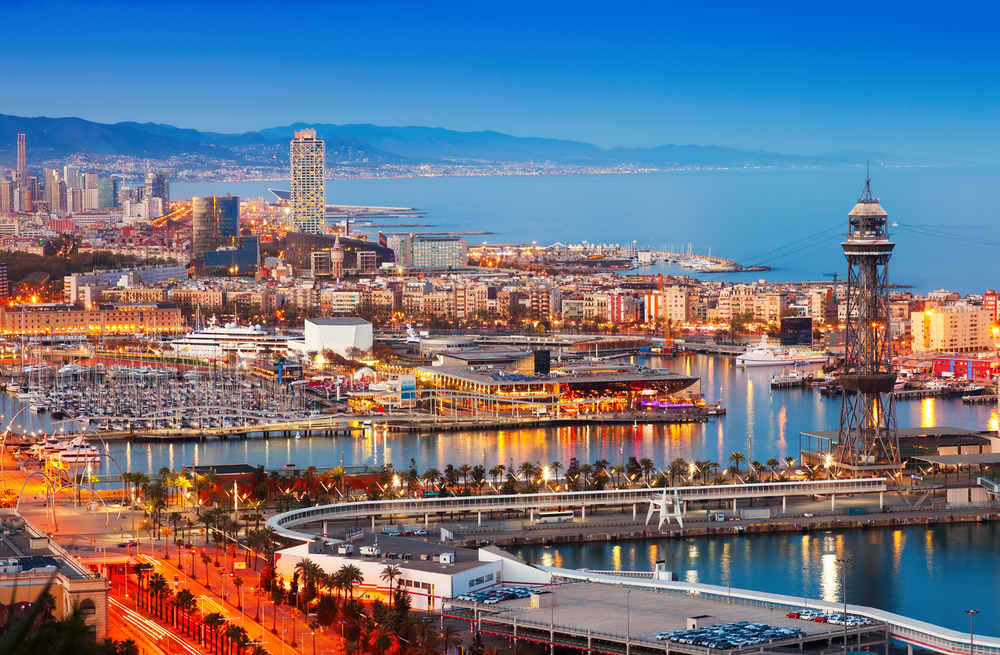 Barcelona,City,And,Port,In,Evening.,Catalonia,,Spain